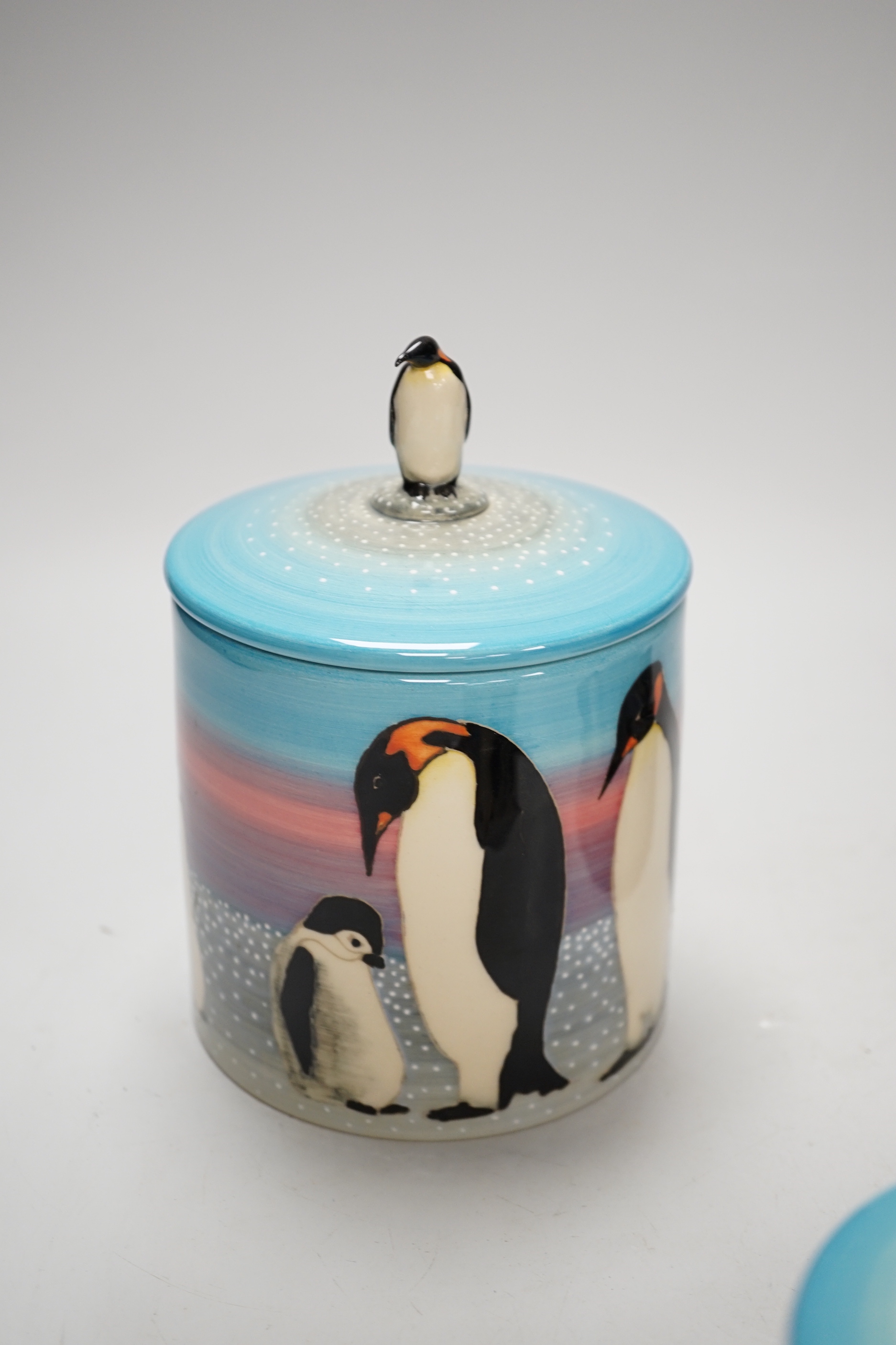 Three Sally Tuffin for Dennis China Works biscuit barrels with penguin knops, the largest 16cm high